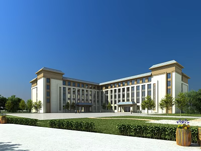 Modern Symmetrical School Building with Light Facade Dark Roof and Lawn Trees in Front Plaza 3d model
