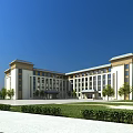 Modern Symmetrical School Building with Light Facade Dark Roof and Lawn Trees in Front Plaza