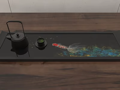 Elegant Tea Set With Black Teapot Teacup And Koi Fish Design Tray On Wooden Tabletop 3d model