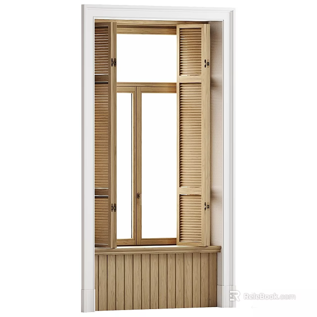 Wooden Modern Casement Window With Double Sashes And Decorative Side Shutters Design 3d model 