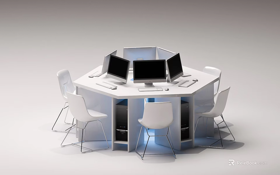 Hexagonal White Office Desk With Six Chairs Three Computer Monitors And Storage Cabinets 3d model 