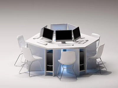 Hexagonal White Office Desk With Six Chairs Three Computer Monitors And Storage Cabinets 3d model