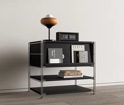 Black Metal Frame Bedside Table With Brown White Lamp Small Clocks And Books On Shelves 3d model