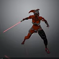 Detailed Red Armored Warrior Character In Battle Stance With Red Lightsaber