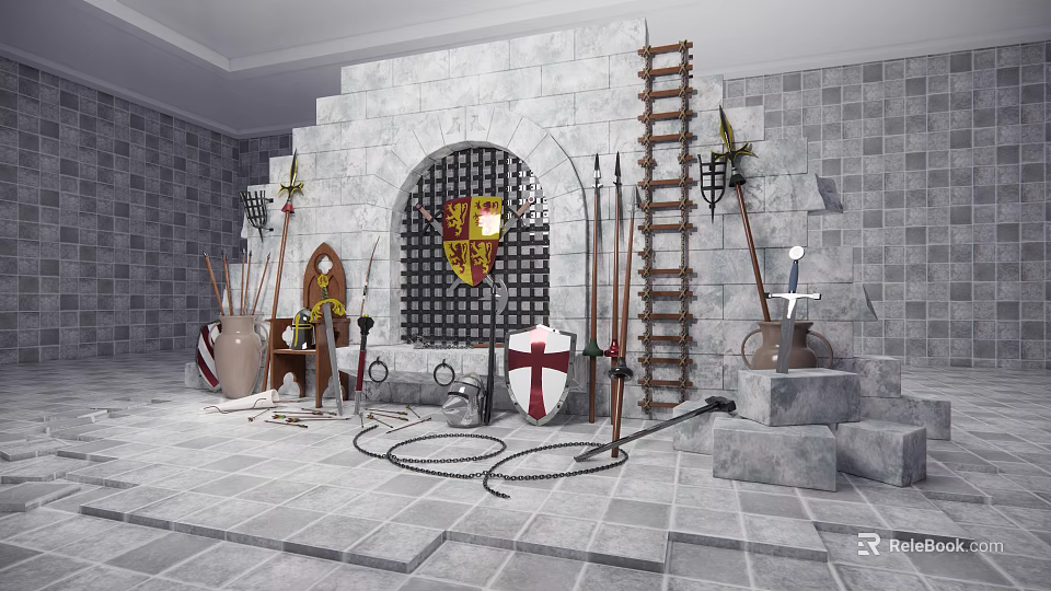 Medieval Weapons Display With Stone Walls Shield Spears Wooden Ladder And Heraldic Banner 3d model 