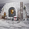 Medieval Weapons Display With Stone Walls Shield Spears Wooden Ladder And Heraldic Banner