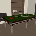 Entertainment Billiard Table With Wooden Legs Green Felt Surface Balls And Cues On Wooden Floor