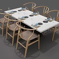 Dining Table Set With Wooden Chairs Upholstered Booth White Tabletop And Tableware 3d model