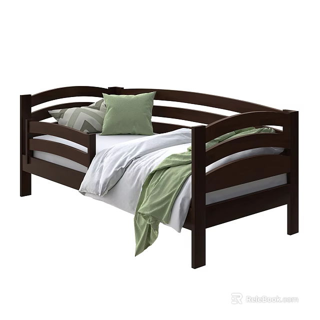 Single Bed with Dark Wooden Frame White Sheets Green and Striped Pillows and Blanket 3d model 