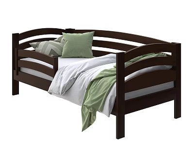 Single Bed with Dark Wooden Frame White Sheets Green and Striped Pillows and Blanket 3d model