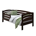 Single Bed with Dark Wooden Frame White Sheets Green and Striped Pillows and Blanket