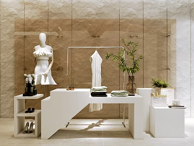 White Display Shelf In Modern Retail Featuring White Mannequin Green Plant Stacked Textiles And Shoes 3d model