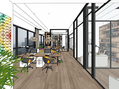 Bright Modern Public Office Space With Glass Partitions Workstations And Green Plants 3d model