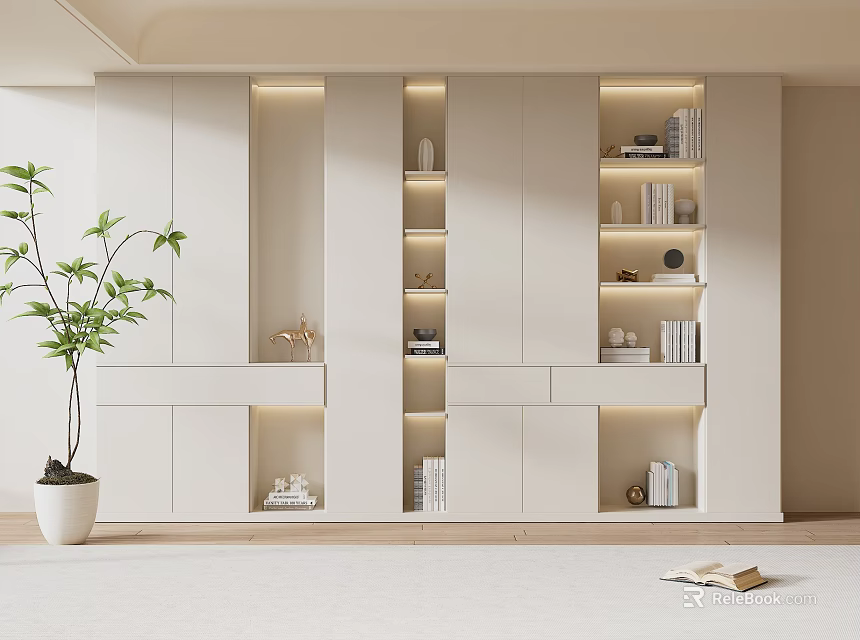 Modern White Bookcase with Built in Lighting and Layered Design Near Potted Plant 3d model 