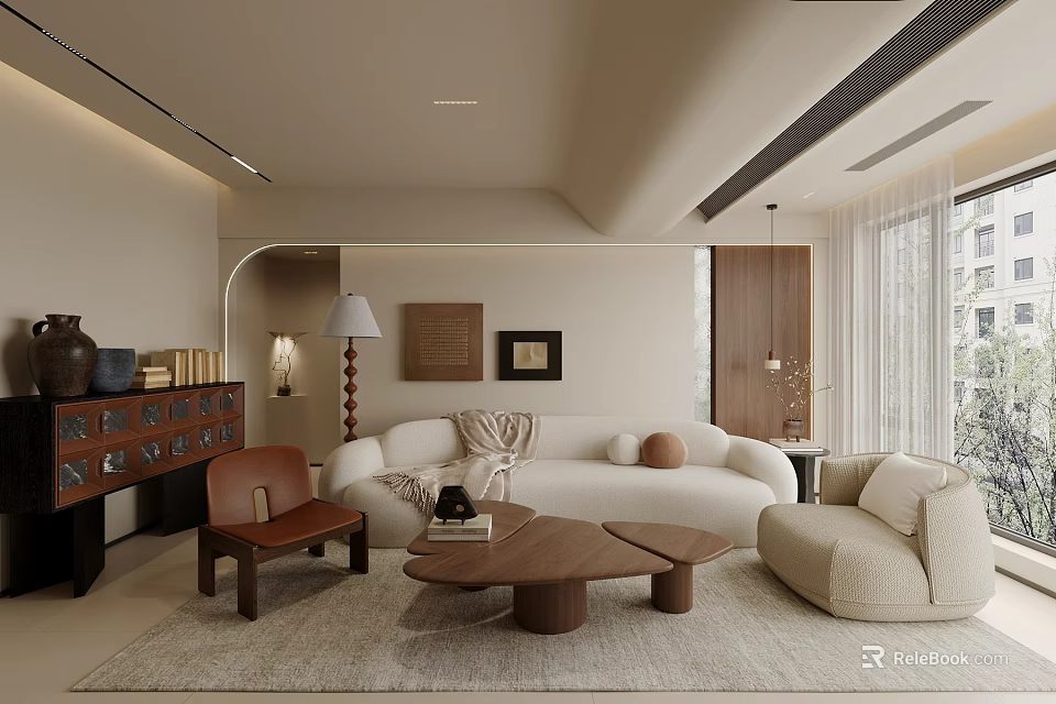 Modern Cozy Living Room With Curved Beige Sofa Wooden Round Coffee Tables And Brown Armchair 3d model 