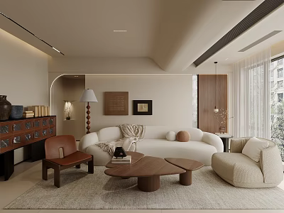 Modern Cozy Living Room With Curved Beige Sofa Wooden Round Coffee Tables And Brown Armchair 3d model