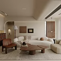 Modern Cozy Living Room With Curved Beige Sofa Wooden Round Coffee Tables And Brown Armchair