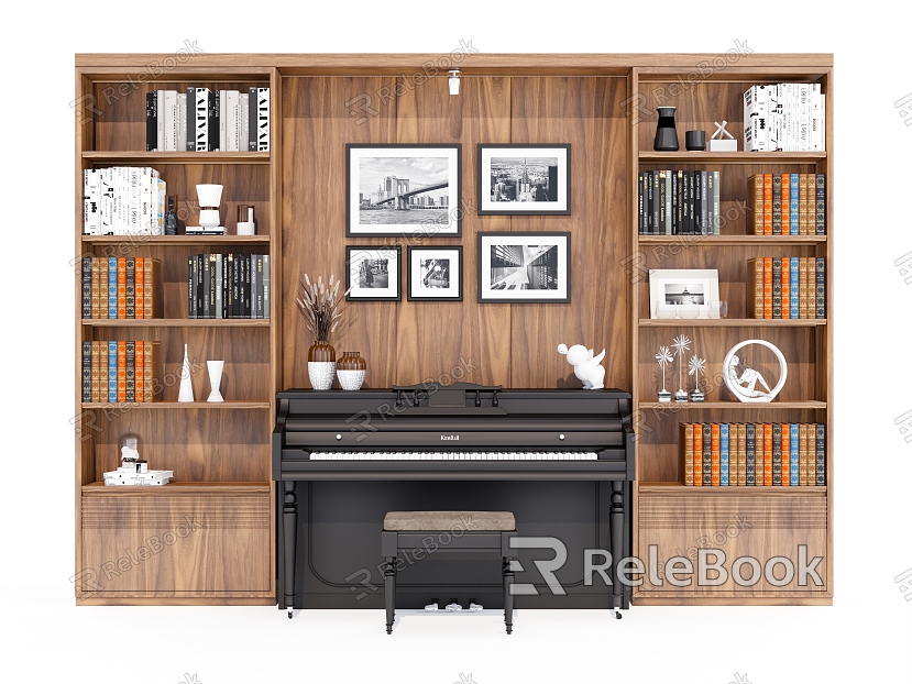 Piano Musical Instrument Open Case Bookcase Solid Wood Display Cabinet model