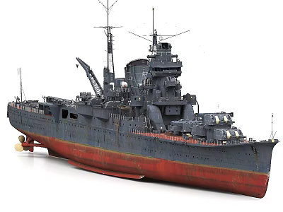 Detailed Warship Model With Gray Upper Structure Red Bottom Masts Crane And Deck Equipment 3d model