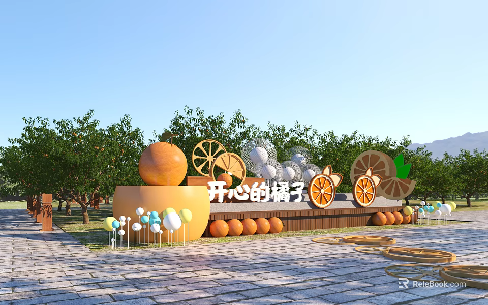Scenic Wall With Happy Orange Theme Large Orange Sculptures Lemon Slices And Trees 3d model 