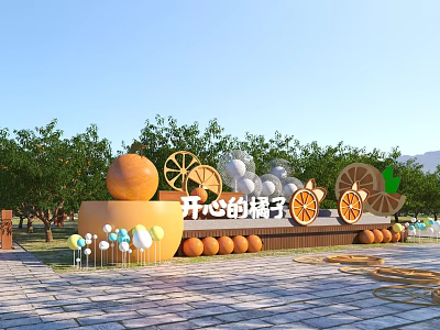 Scenic Wall With Happy Orange Theme Large Orange Sculptures Lemon Slices And Trees 3d model