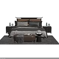 Modern Double Bed Bedroom Setting with Nightstands Pillows Bench and Decorative Vases 3d model