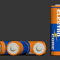 Orange And Blue Cylindrical Electro Batteries Standing On Reflective Surface 3d model