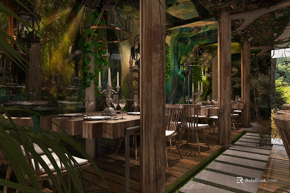 Rustic Restaurant Interior With Wooden Columns Green Plants Chandeliers And Dining Chairs 3d model 