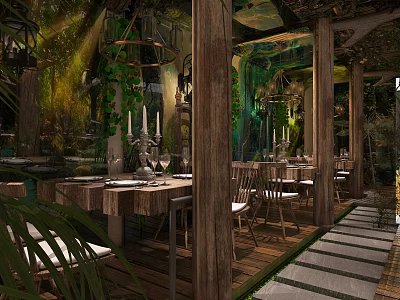 Rustic Restaurant Interior With Wooden Columns Green Plants Chandeliers And Dining Chairs 3d model
