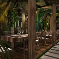 Rustic Restaurant Interior With Wooden Columns Green Plants Chandeliers And Dining Chairs