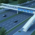 Highway Overpass with Vehicles on Road Flanked by Trees and Blue Structures Above 3d model