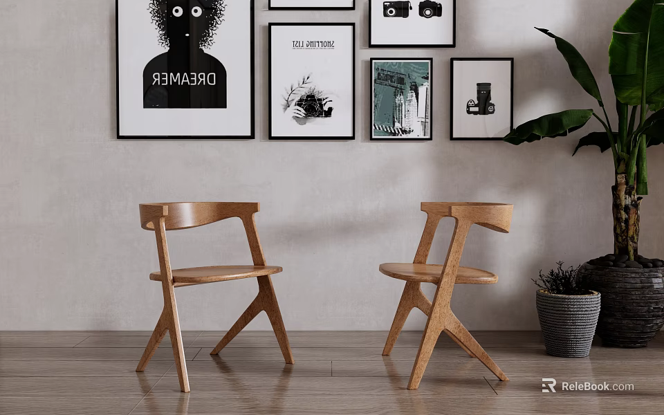 Minimalist Wooden Accent Chairs In Living Room With Decorative Wall Art And Potted Plant 3d model 