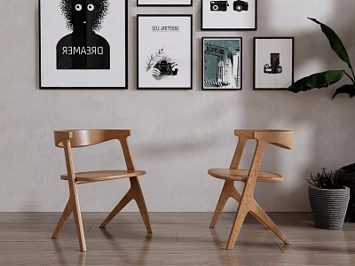 Minimalist Wooden Accent Chairs In Living Room With Decorative Wall Art And Potted Plant 3d model