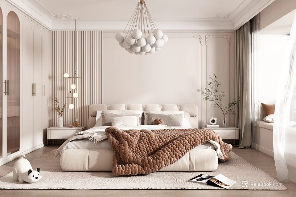 Elegant Bedroom Interior with Paneled Walls Large Bed Brown Blanket and Spherical Chandelier 3d model 