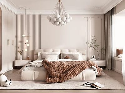 Elegant Bedroom Interior with Paneled Walls Large Bed Brown Blanket and Spherical Chandelier 3d model
