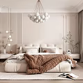 Elegant Bedroom Interior with Paneled Walls Large Bed Brown Blanket and Spherical Chandelier