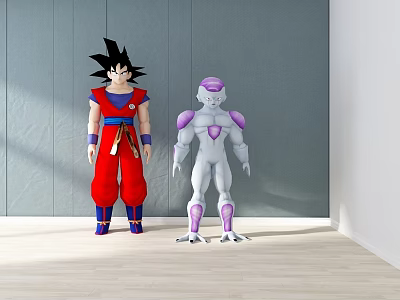 Goku and Frieza Action Figures with Red White Purple Outfits Against Gray Wall 3d model