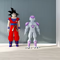 Goku and Frieza Action Figures with Red White Purple Outfits Against Gray Wall