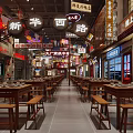 Traditional Chinese Restaurant Interior With Wooden Tables Benches Red Lanterns And Hanging Signboards