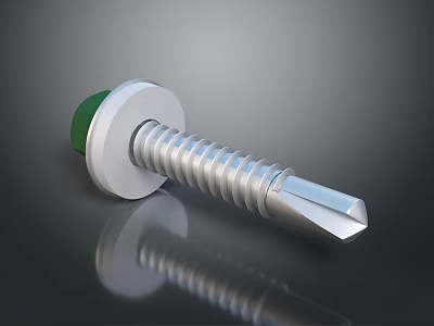 Silver Threaded Hardware Screw With Green Washer And Flat Tip Design 3d model