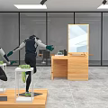 Modern Clothing Store Interior With Mannequins Displaying Blue Clothes Geometric Paintings And Wooden Racks