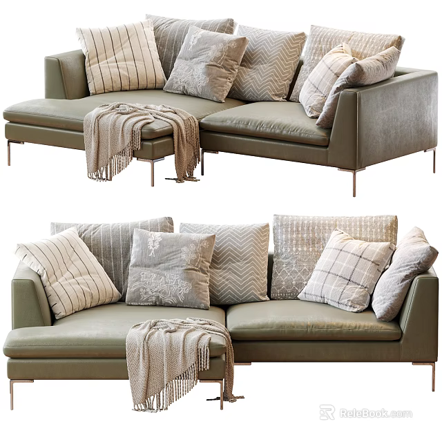 Olive Green Sectional Sofa With Multiple Patterned Pillows And Cozy Knitted Throw Blanket 3d model