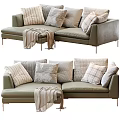 Olive Green Sectional Sofa With Multiple Patterned Pillows And Cozy Knitted Throw Blanket 3d model