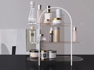 Elegant Modern Perfume and Cosmetic Bottles Displayed on Acrylic Shelf Organizer 3d model