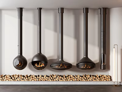 Five Modern Hanging Fireplaces With Stacked Firewood Below White Wall And Gray Floor 3d model