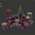 Wooden Stools Stone Circle Bonfire Setup With Tripod Cooking Pot 3d model