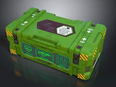 Green Sci Fi Storage Crate With Inventory Label Digital Display And Warning Stripes 3d model