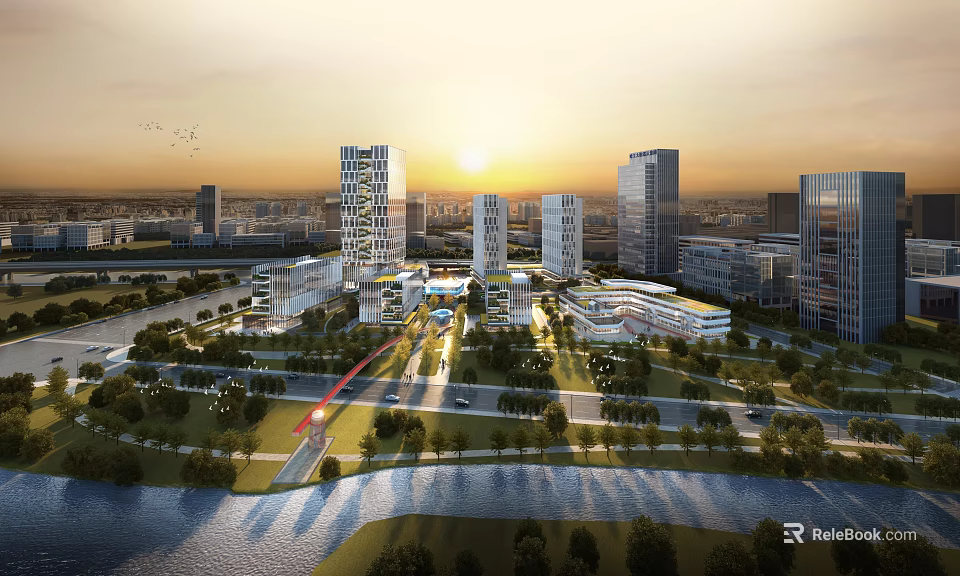 Modern Office Building Complex In Urban Landscape With Sunset River And Greenery 3d model 