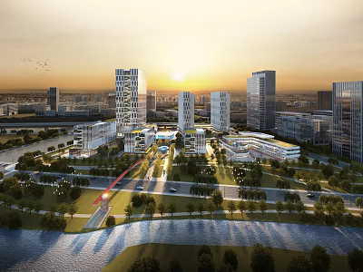 Modern Office Building Complex In Urban Landscape With Sunset River And Greenery 3d model