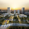 Modern Office Building Complex In Urban Landscape With Sunset River And Greenery